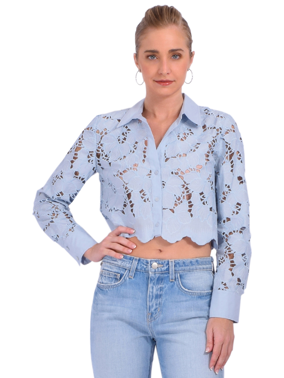 L'AGENCE Seychelle Lace Cropped Blouse in Blue Fog Front View 