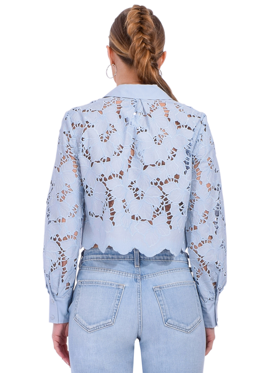 L'AGENCE Seychelle Lace Cropped Blouse in Blue Fog Back View 