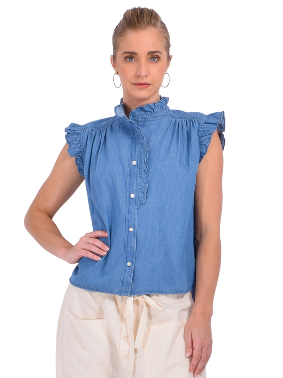 BELLEROSE Coyote Sleeveless Blouse in Blue Front View 