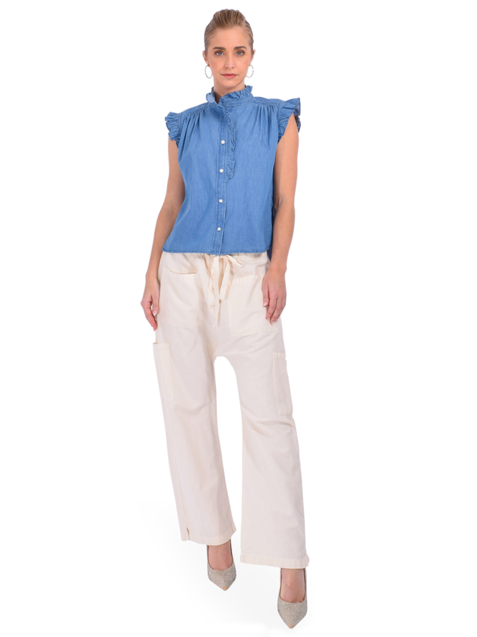 BELLEROSE Coyote Sleeveless Blouse in Blue Full Outfit 