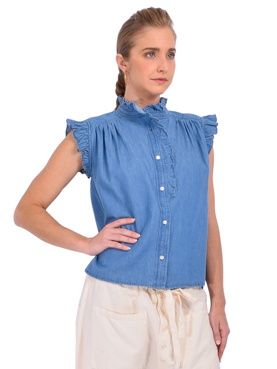 BELLEROSE Coyote Sleeveless Blouse in Blue Side View