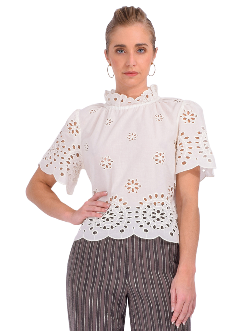 BELLEROSE Darlene Short-Sleeve Blouse in White Front View 