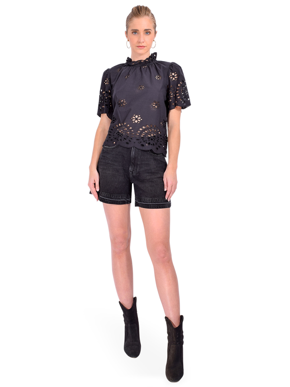 BELLEROSE Darlene Short-Sleeve Blouse in Black Full Outfit 