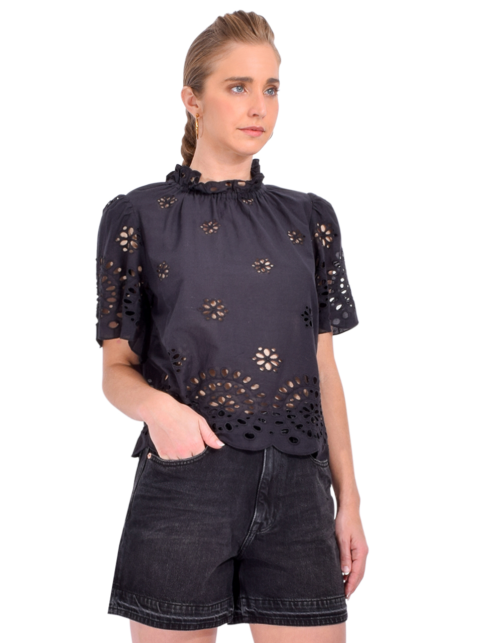 BELLEROSE Darlene Short-Sleeve Blouse in Black Side View 