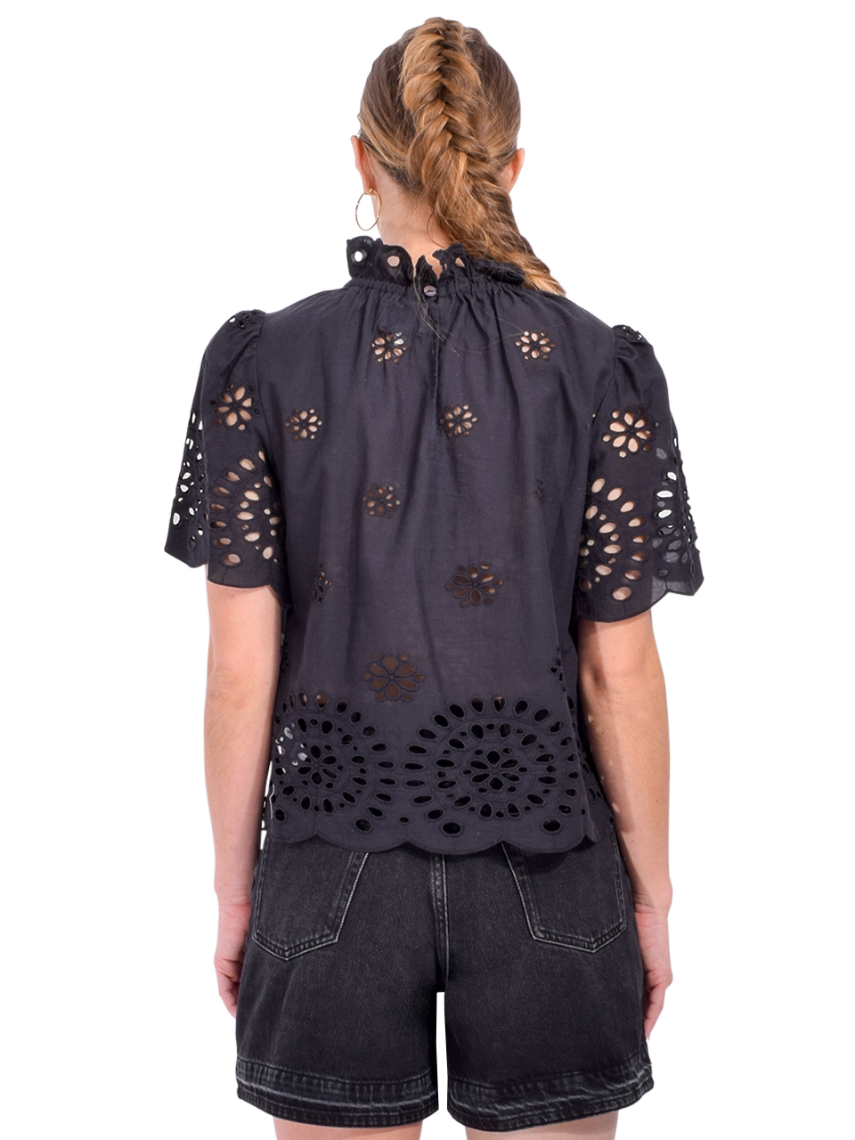 BELLEROSE Darlene Short-Sleeve Blouse in Black Back View