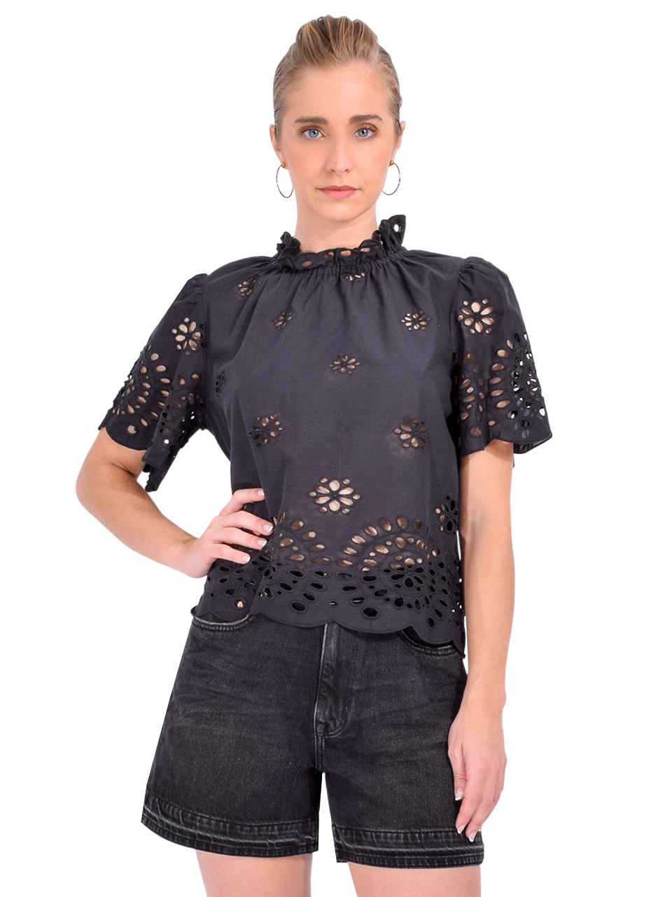 BELLEROSE Darlene Short-Sleeve Blouse in Black Front View 