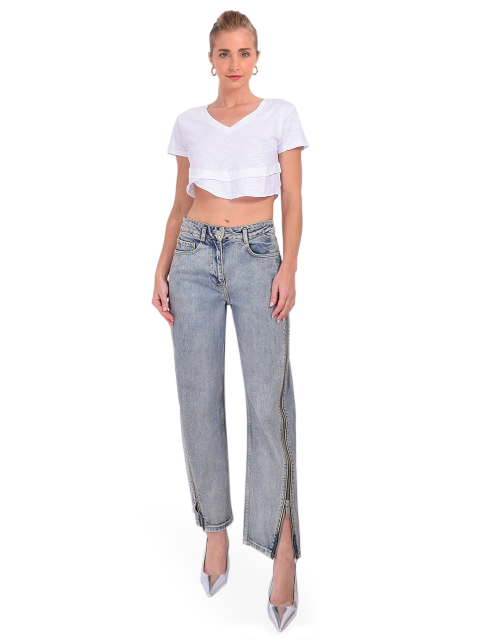 CHRLDR Crop Ava V-Neck Mock Layer Tee in White Full Outfit 
