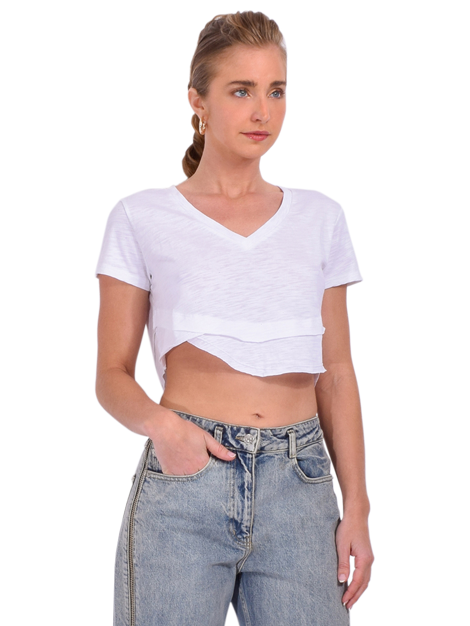 CHRLDR Crop Ava V-Neck Mock Layer Tee in White Side View 