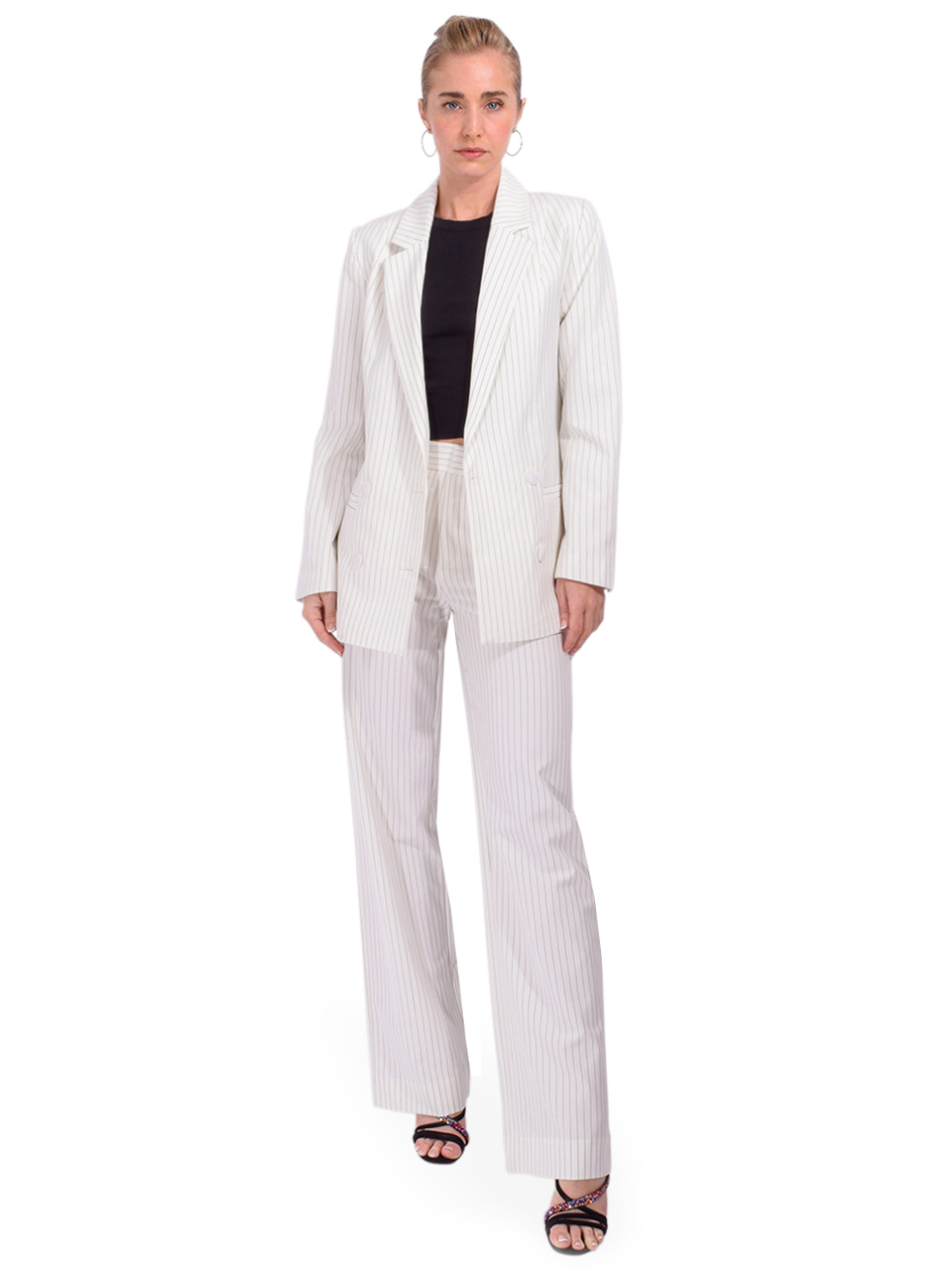 GESTUZ Joelle Trousers in Egret/Gray Pinstripe Full Outfit 