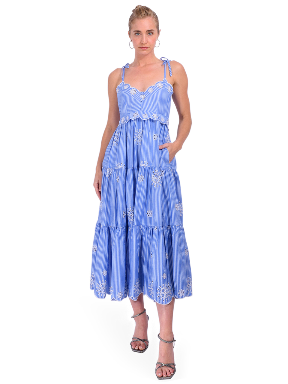Cinq a Sept Embroidered Stripe Darcey Dress in Endless Blue Front View 2
