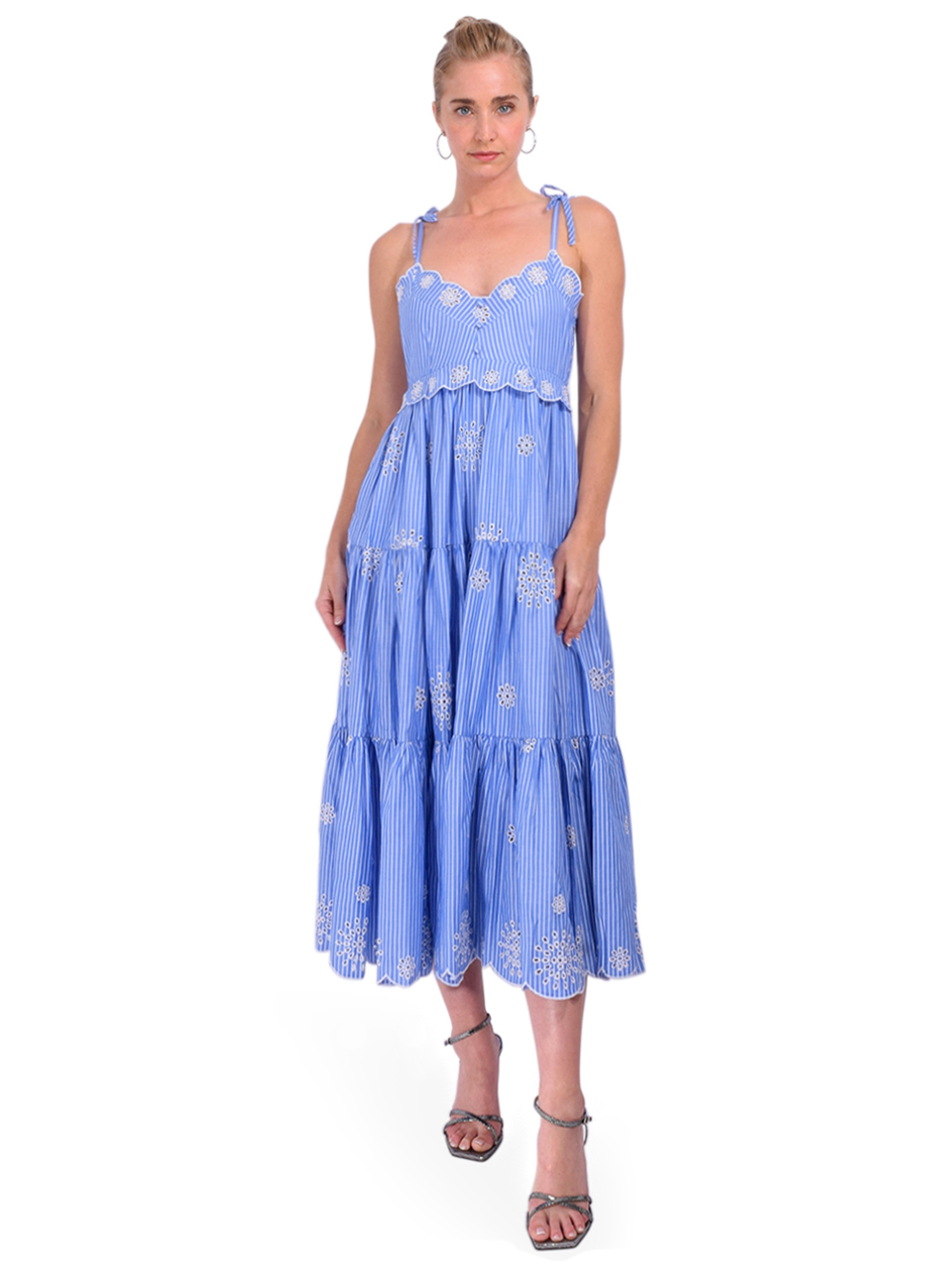 Cinq a Sept Embroidered Stripe Darcey Dress in Endless Blue Front View 1