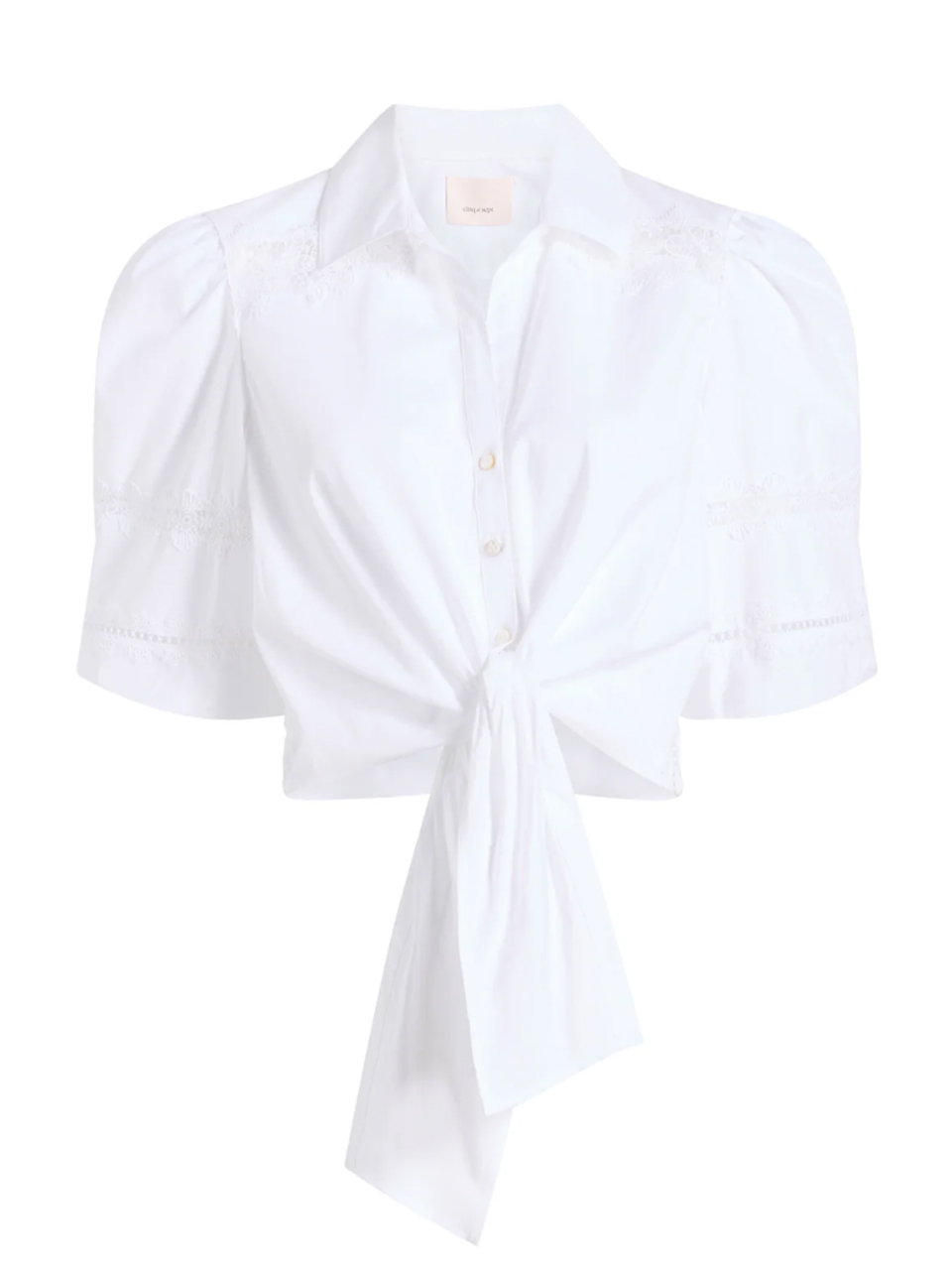 Cinq a Sept Three Quarter Sleeve Lace Mare Top in White Product Shot 
