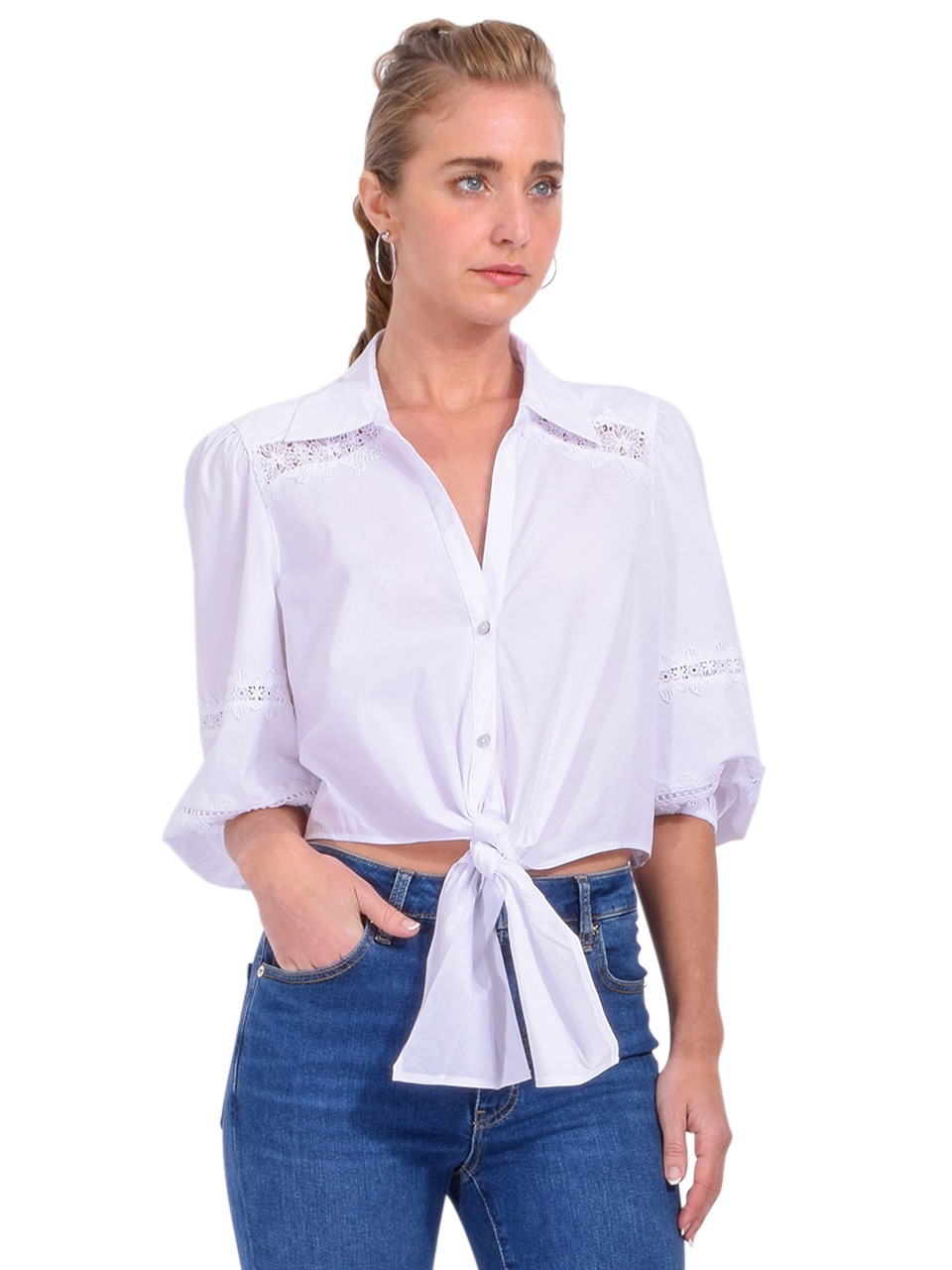 Cinq a Sept Three Quarter Sleeve Lace Mare Top in White Side View 

