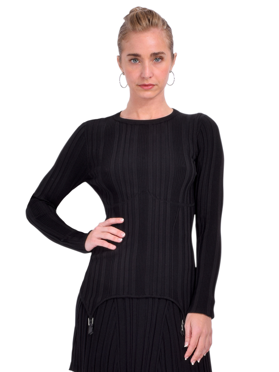 Fleur du Mal Rib Long Sleeve Garter Top in Black Front View 