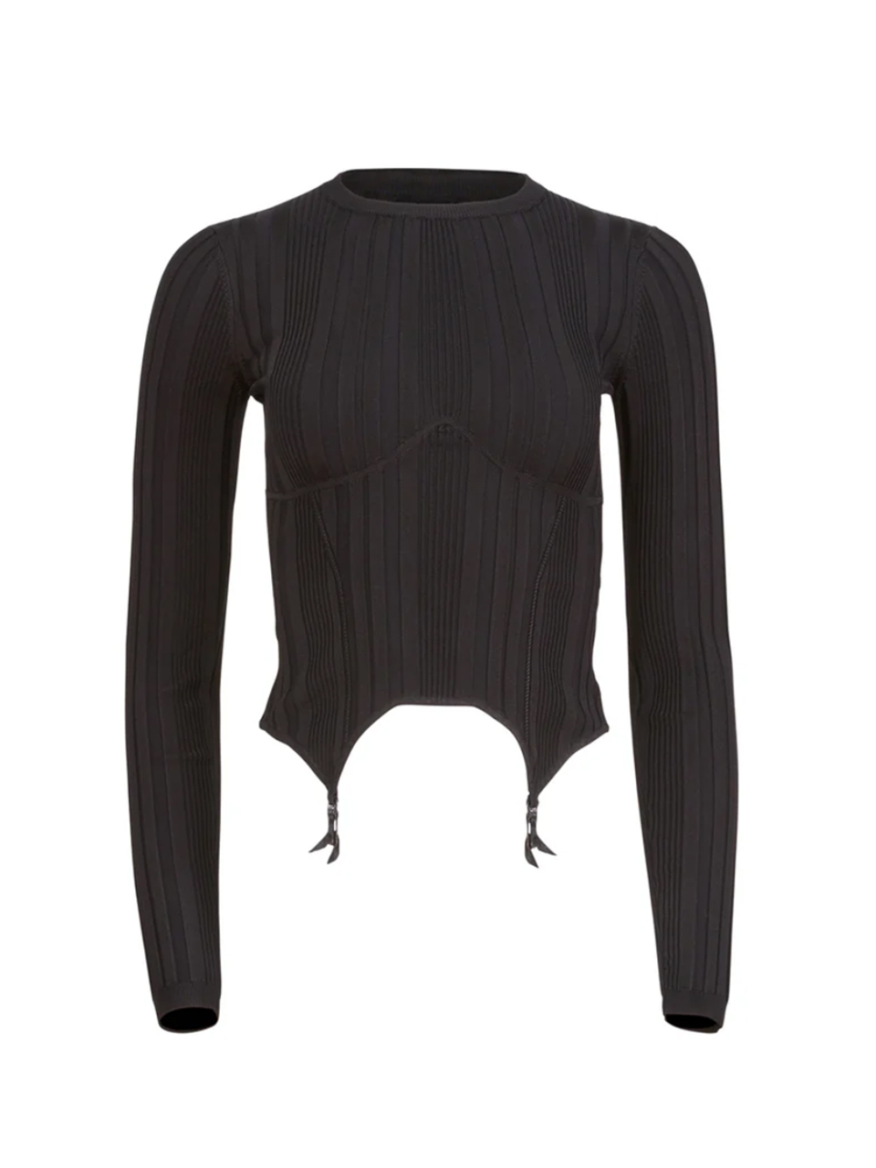 Fleur du Mal Rib Long Sleeve Garter Top in Black Product Shot 