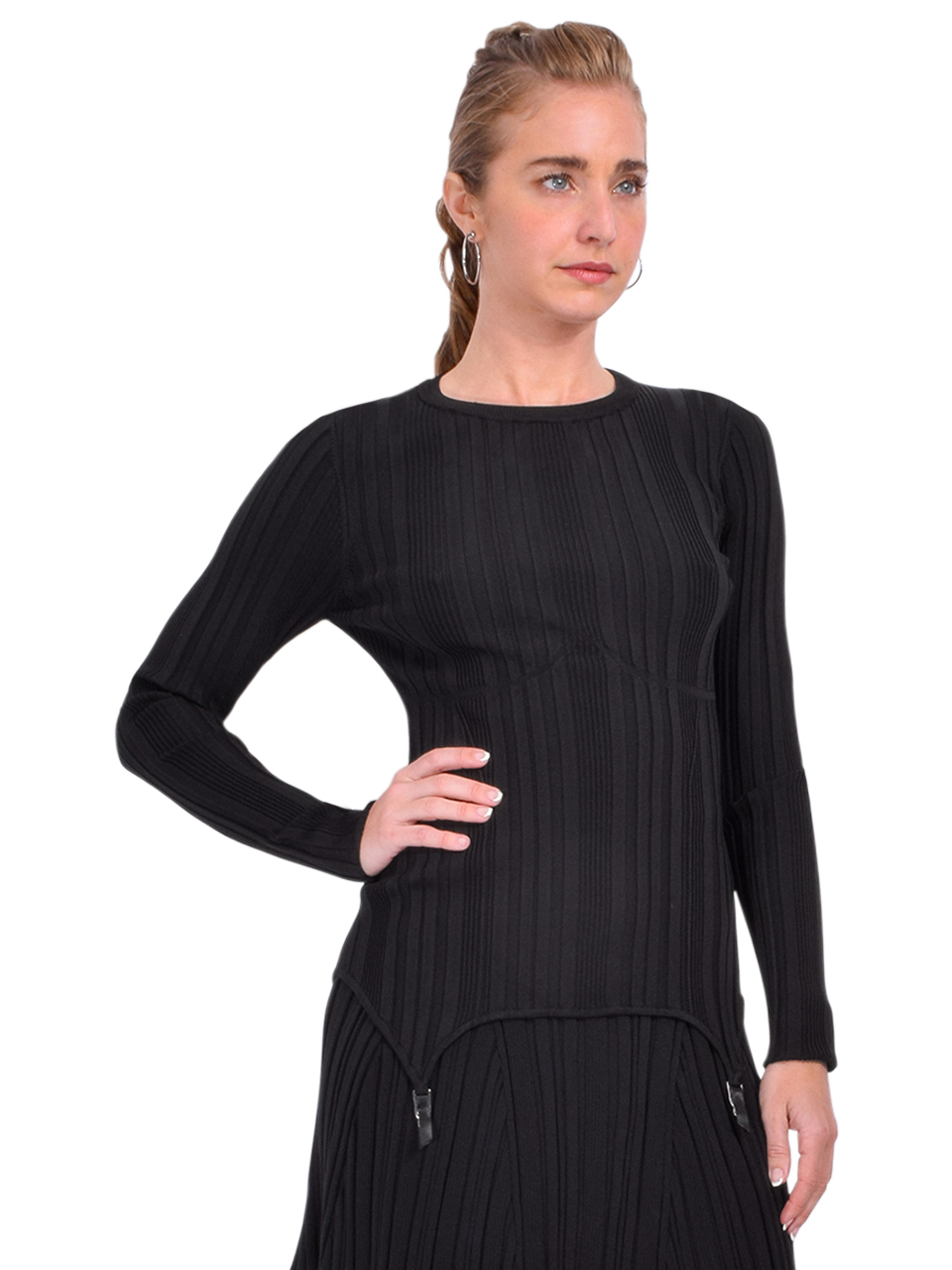 Fleur du Mal Rib Long Sleeve Garter Top in Black Side View 