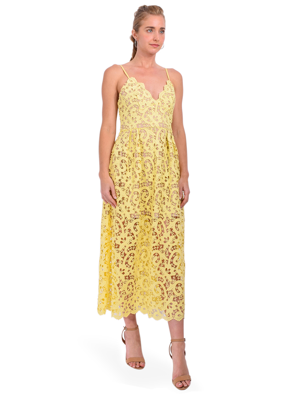 MILLY Elle Lace Midi Dress in Yellow Side View 