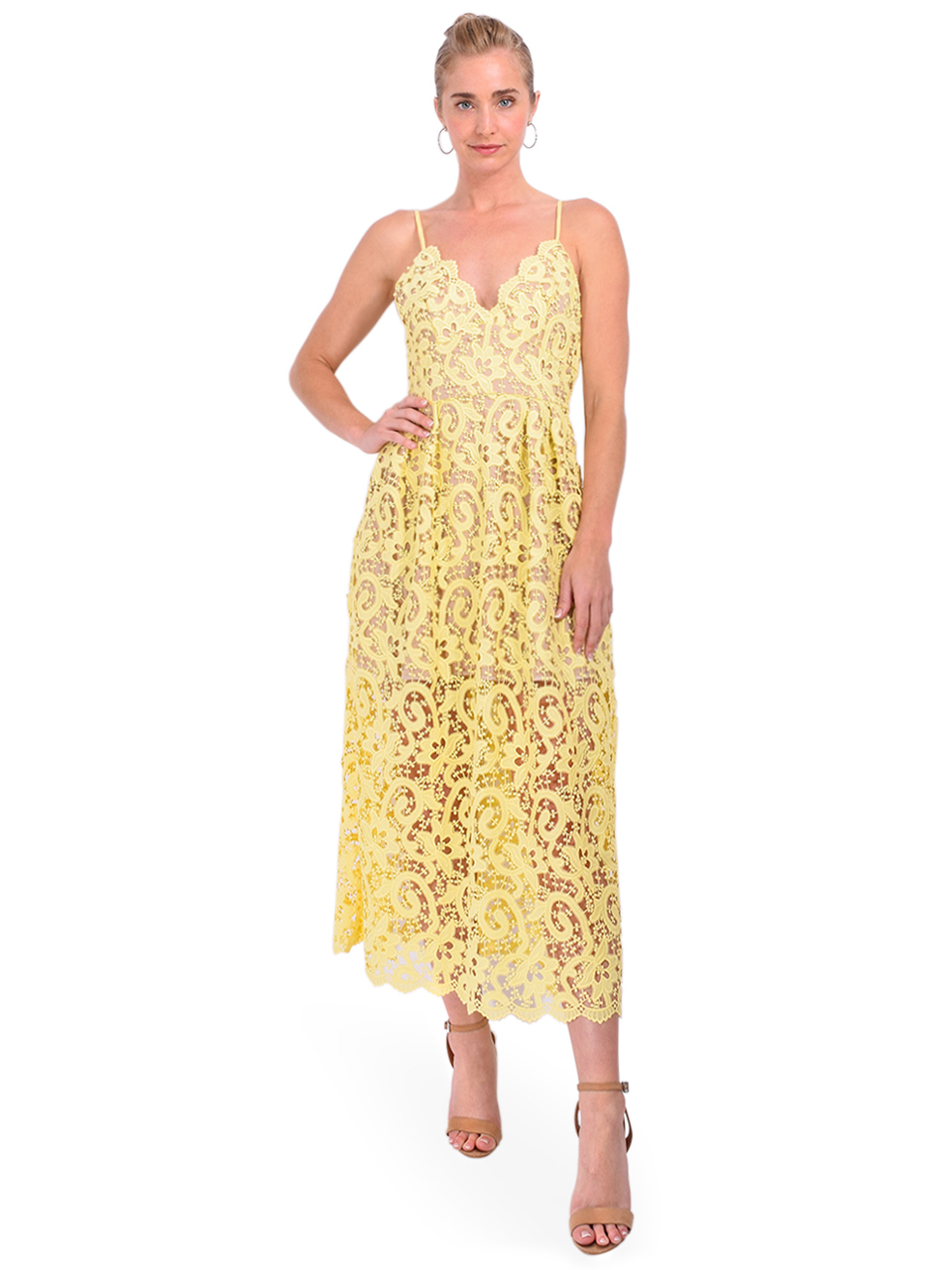 MILLY Elle Lace Midi Dress in Yellow Front View 2