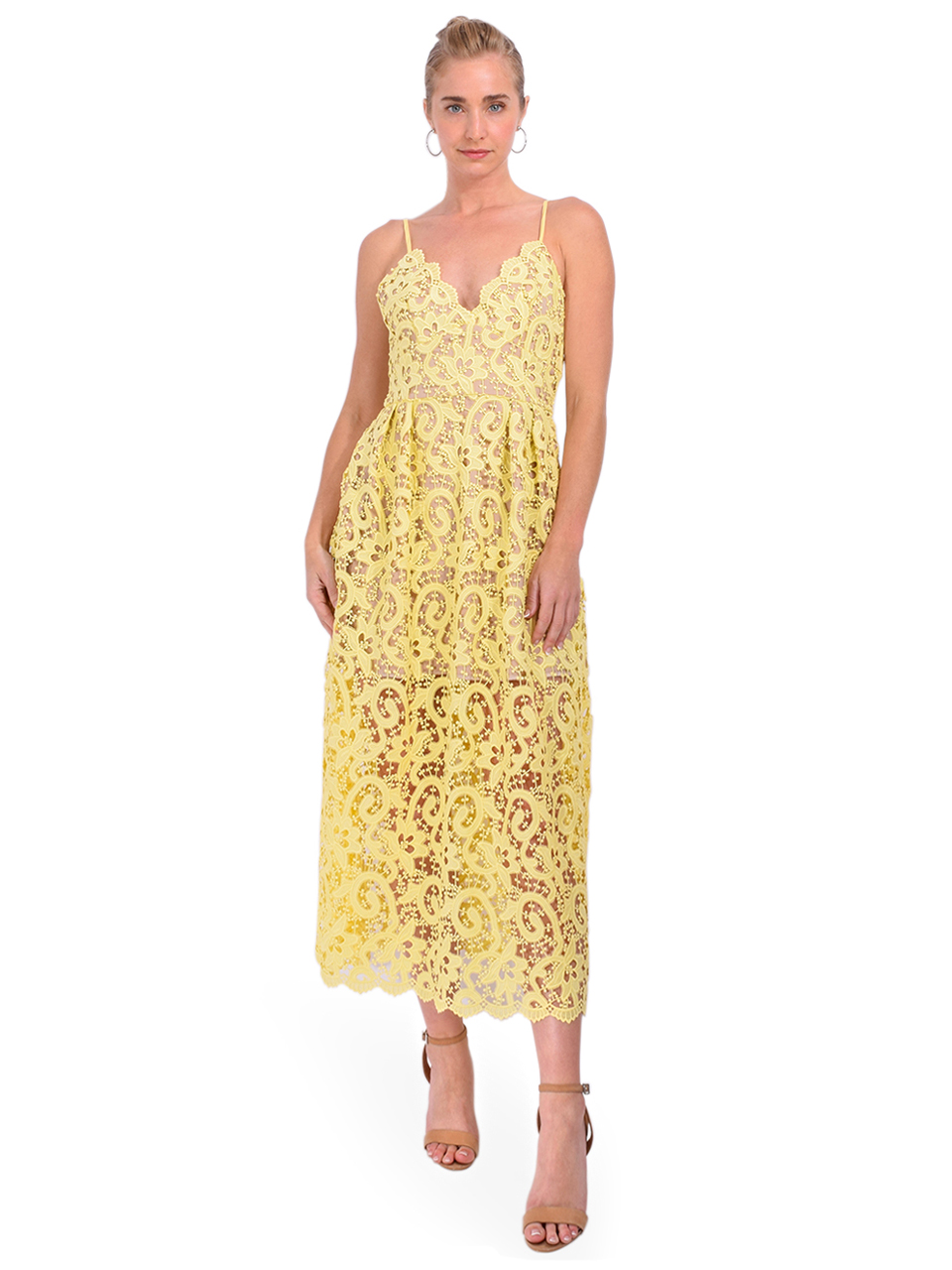 MILLY Elle Lace Midi Dress in Yellow Front View 1