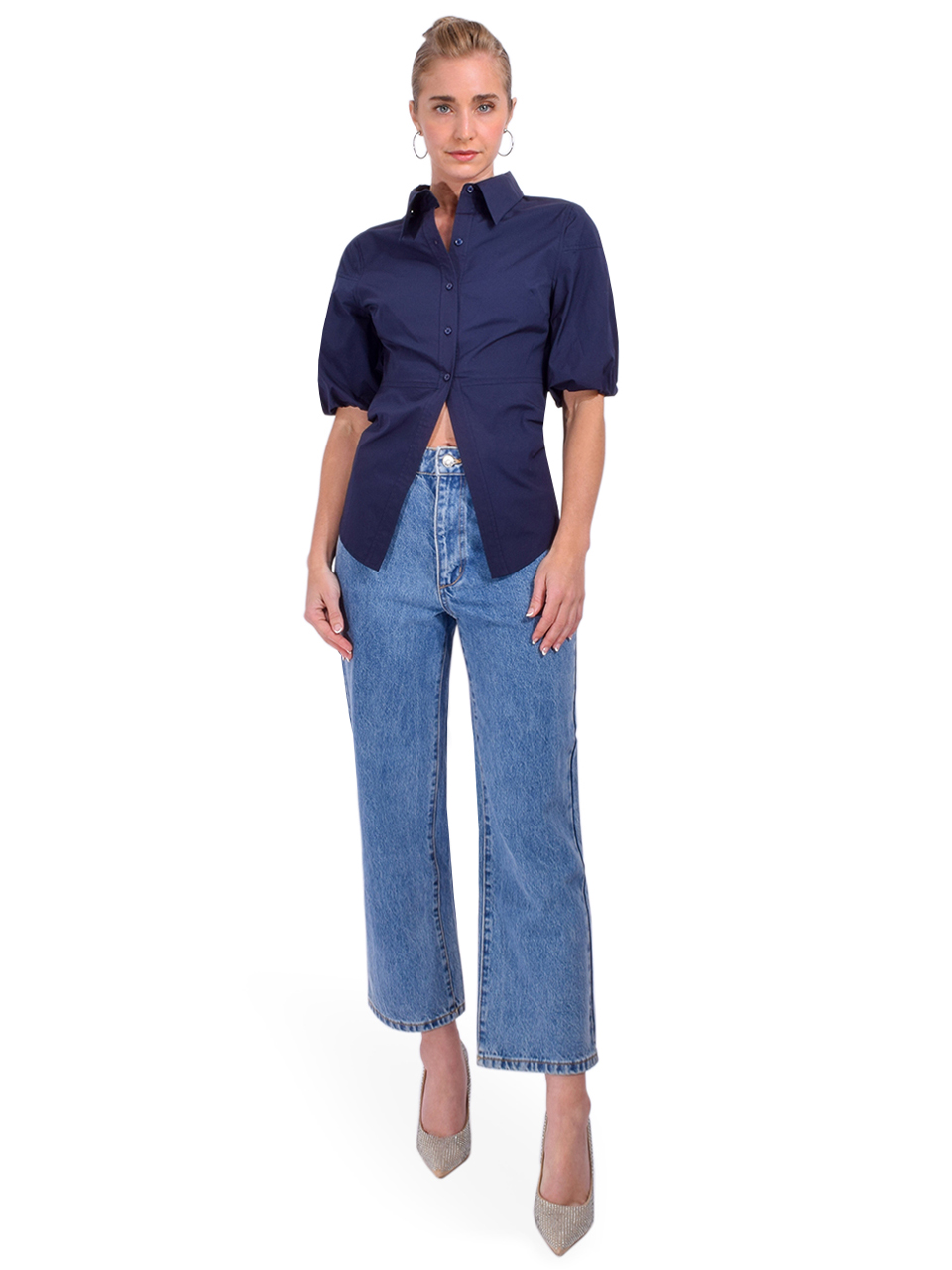 MILLY Tie Back Poplin Button Down Shirt in Navy Full Outfit 