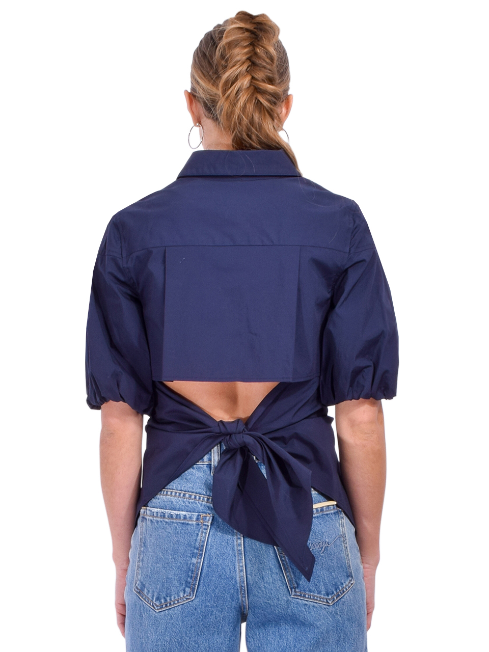 MILLY Tie Back Poplin Button Down Shirt in Navy Back View 