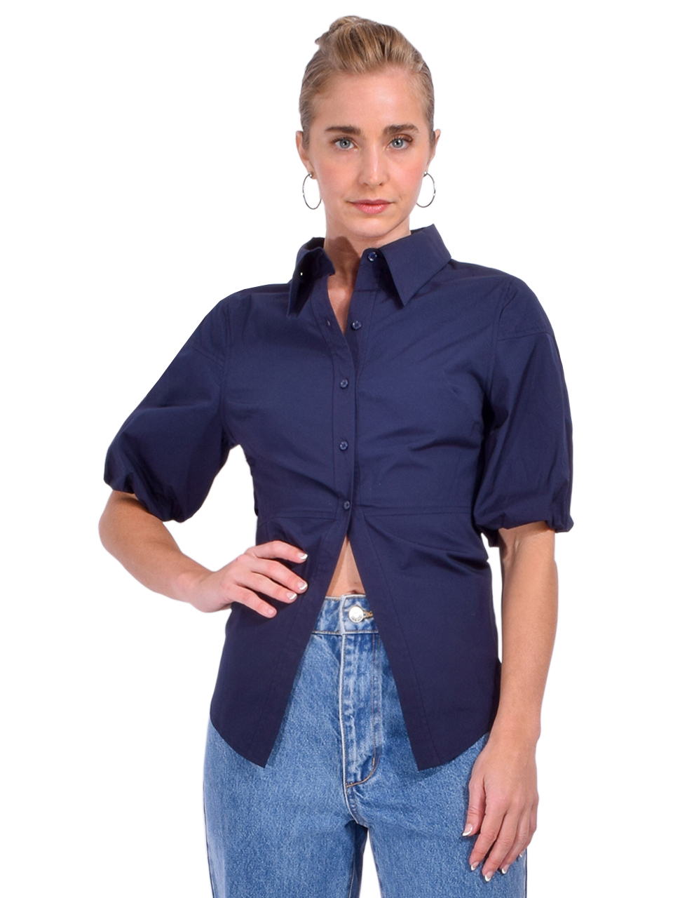 MILLY Tie Back Poplin Button Down Shirt in Navy Front View 