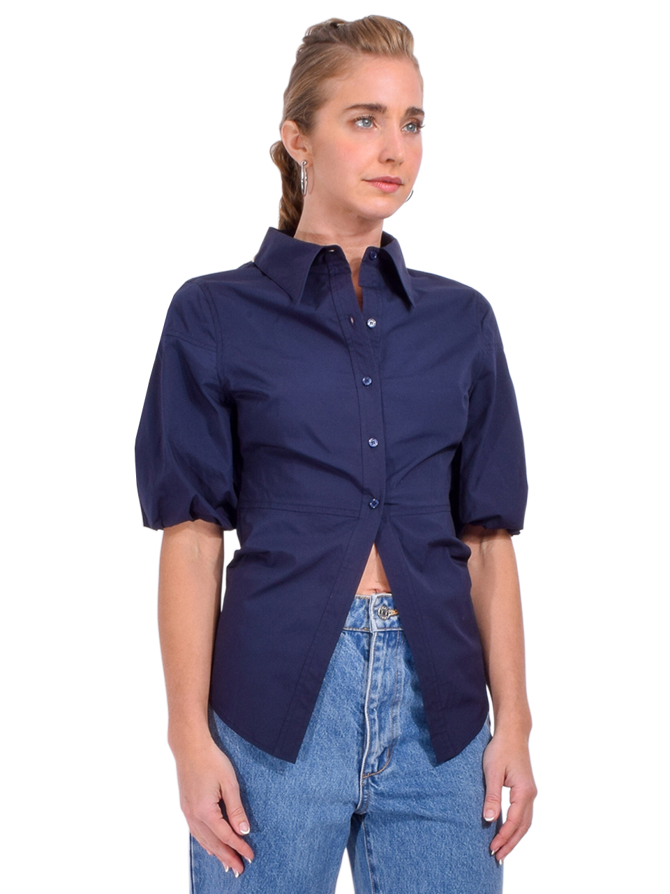 MILLY Tie Back Poplin Button Down Shirt in Navy Side View 