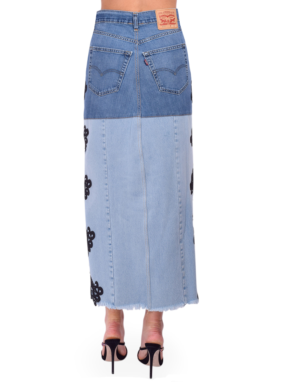 5 PROGRESS Embroidered Lace Denim Midi Skirt in Blue Back View 