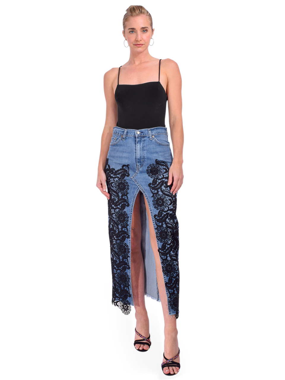 5 PROGRESS Embroidered Lace Denim Midi Skirt in Blue Full Outfit 