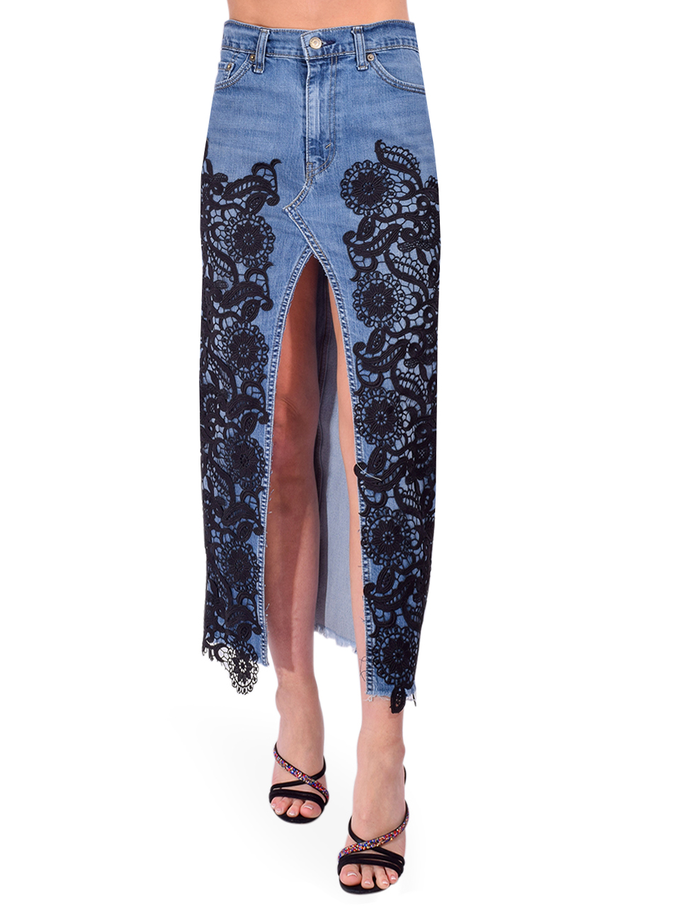 5 PROGRESS Embroidered Lace Denim Midi Skirt in Blue Front View 