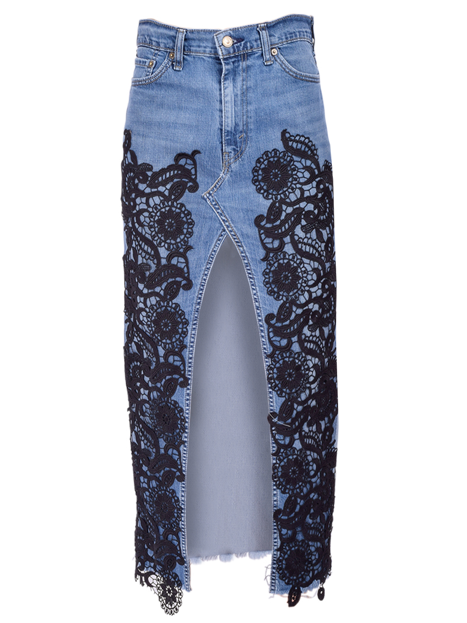 5 PROGRESS Embroidered Lace Denim Midi Skirt in Blue Product Shot 