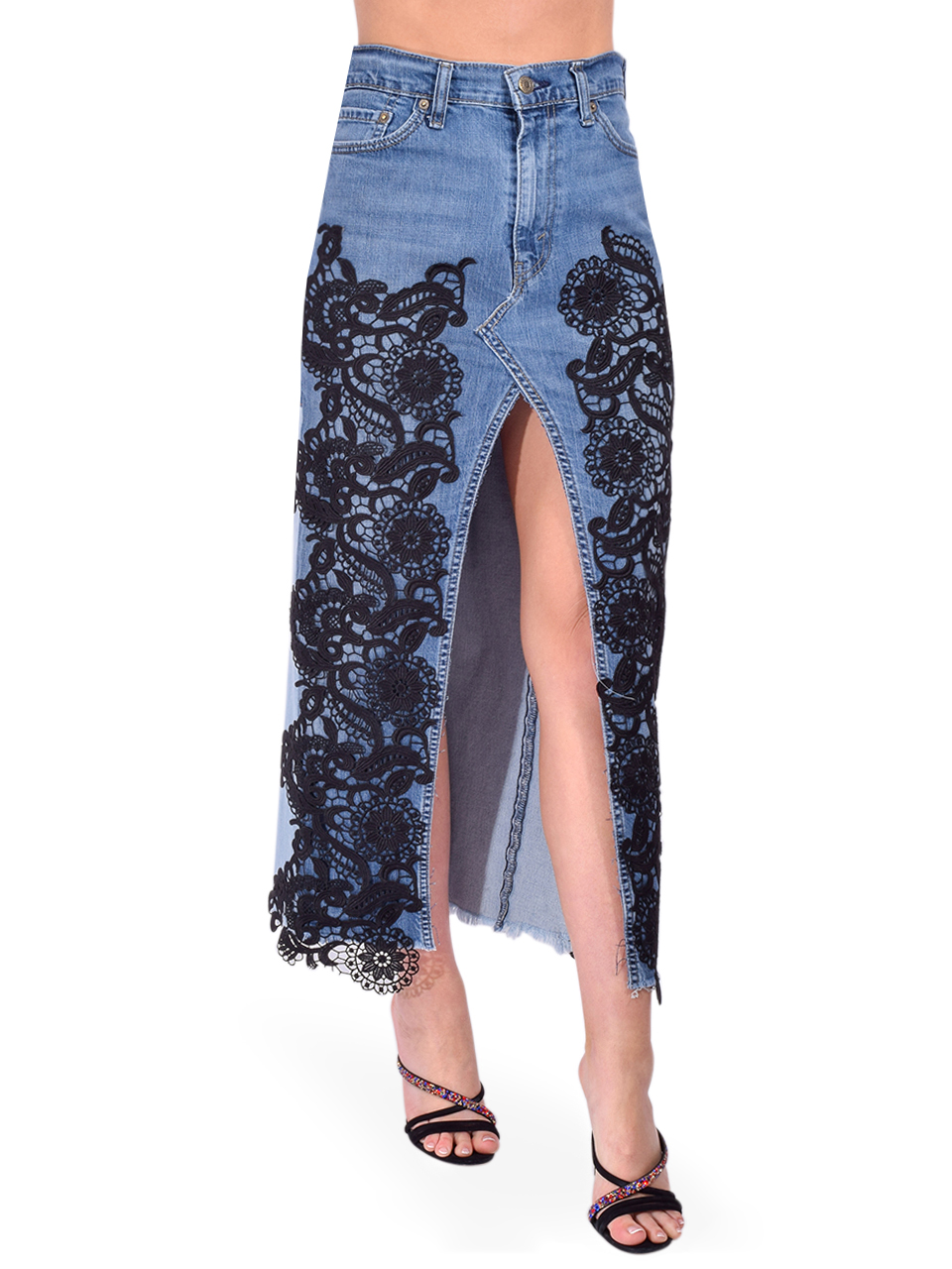 5 PROGRESS Embroidered Lace Denim Midi Skirt in Blue Side View 