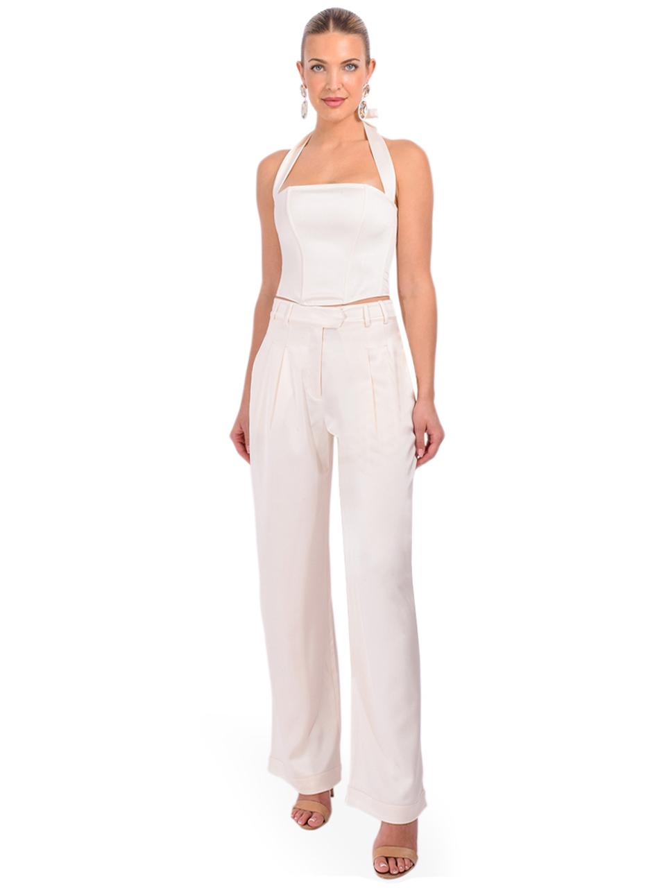Fleur du Mal Satin Halter Corset Top in Vanilla Full Outfit