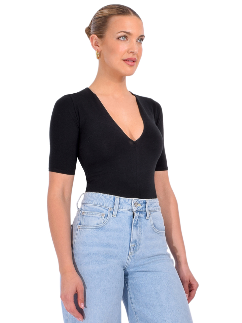 Fleur du Mal Organic Cotton Deep V Bodysuit in Black Side View 


