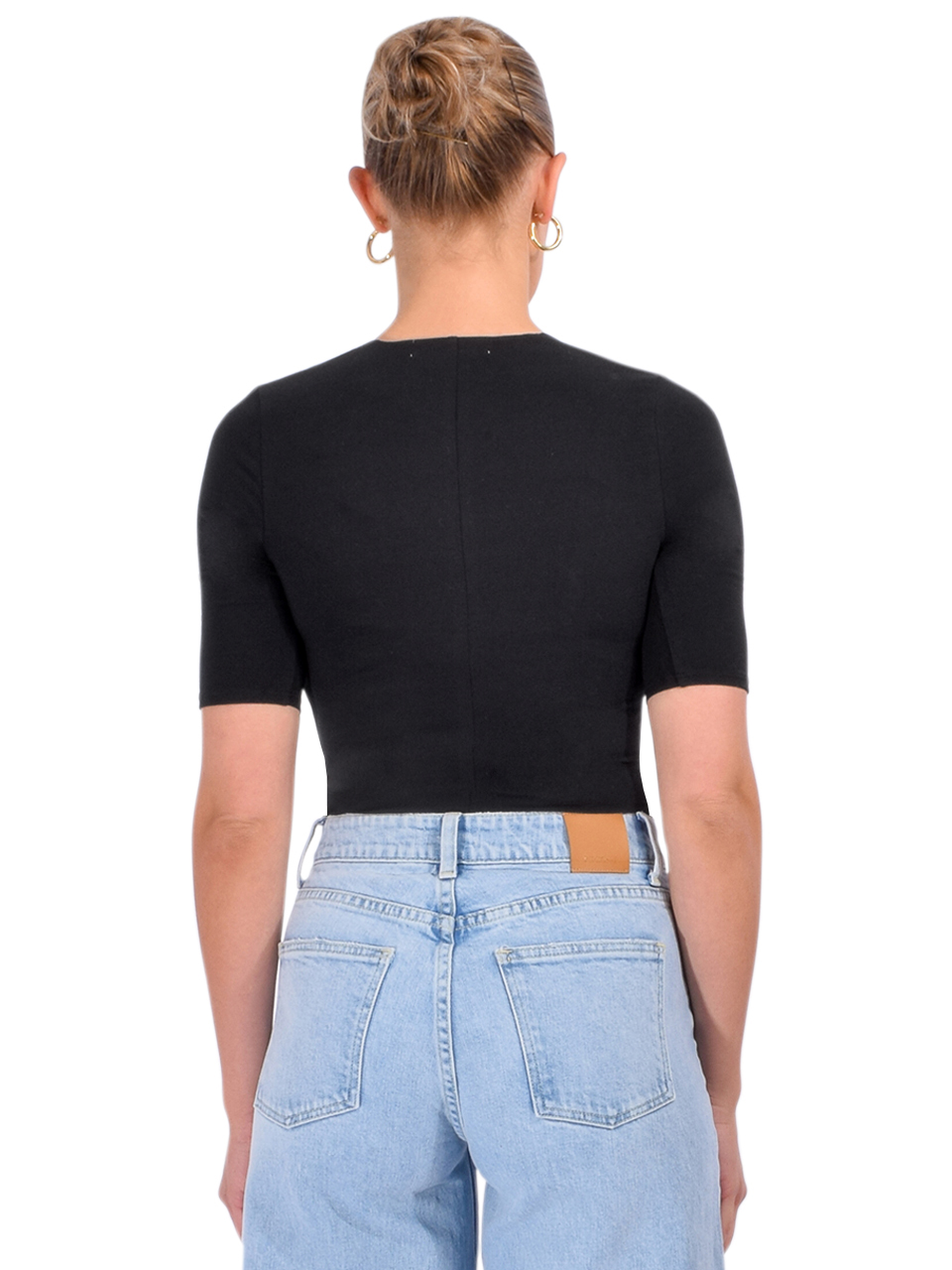 Fleur du Mal Organic Cotton Deep V Bodysuit in Black Back View 

