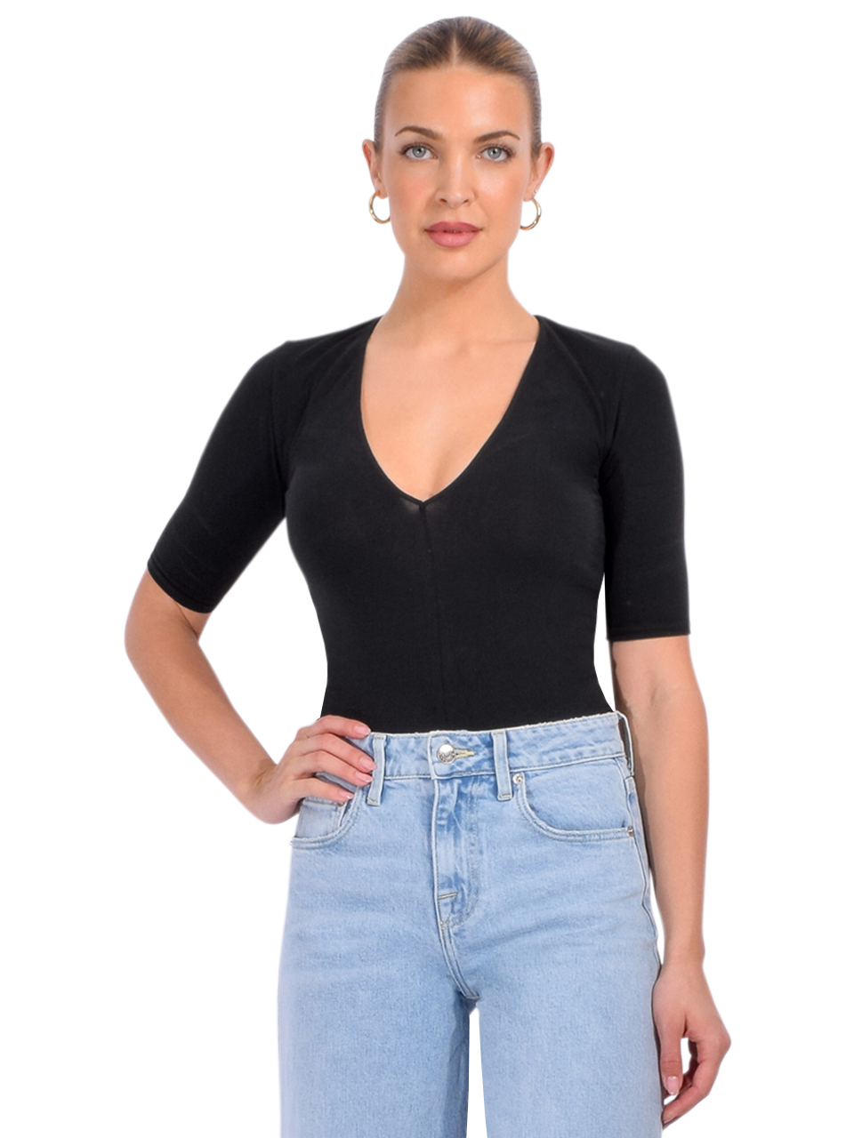 Fleur du Mal Organic Cotton Deep V Bodysuit in Black Front View 