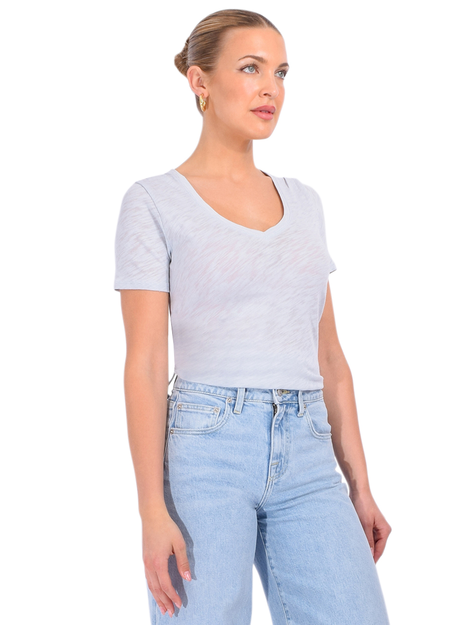 ATM Slub Jersey Classic Short Sleeve V-Neck Tee in Powder Blue Side View 