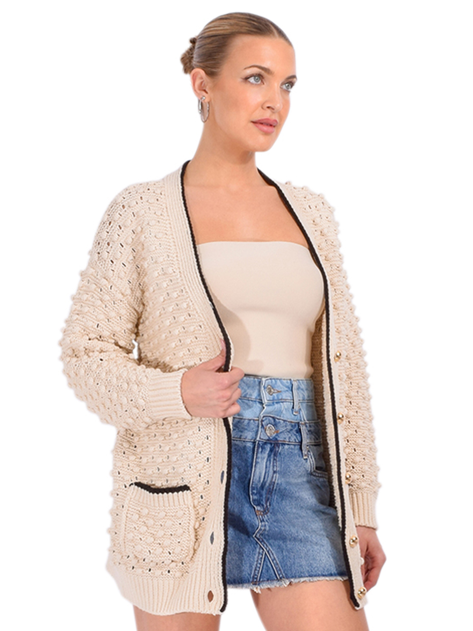FRAME The Bauble Cardigan in Cream Side View 