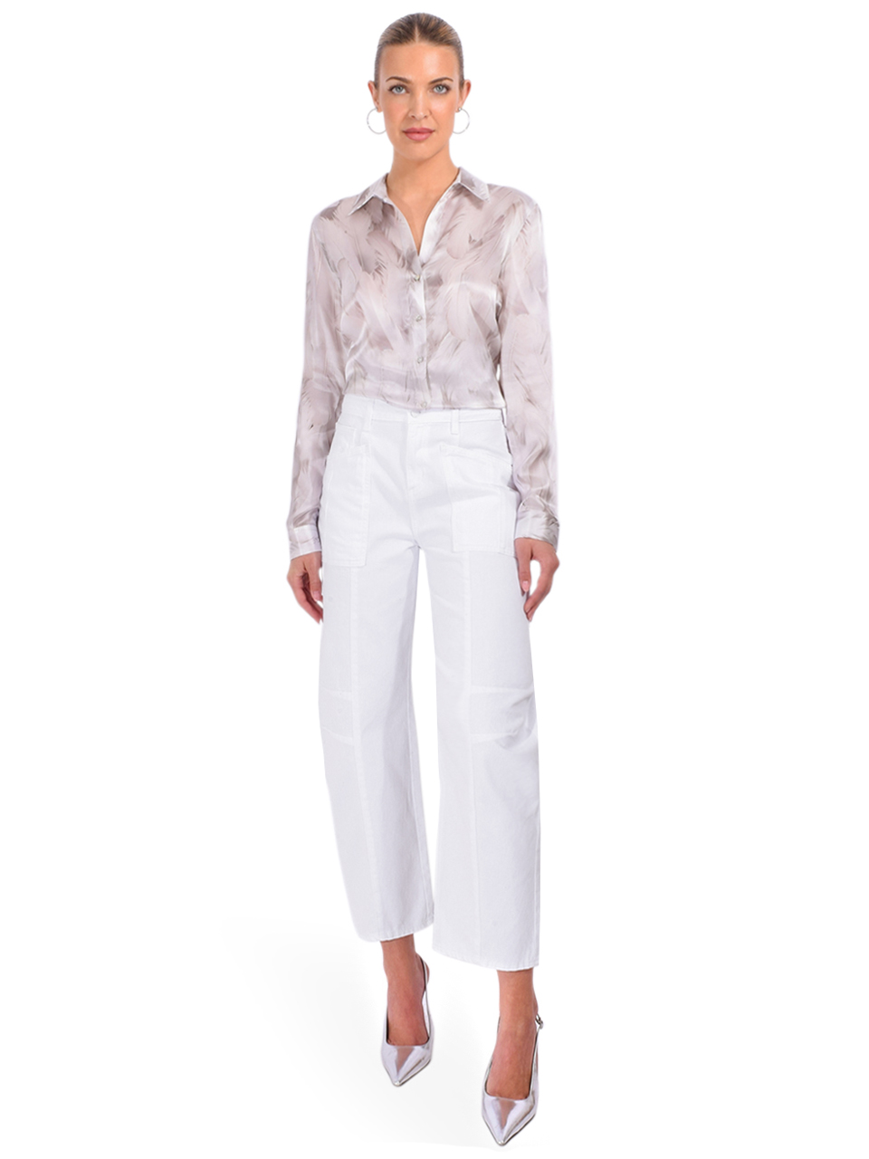 L'Agence Tyler Silk Blouse in White Feather Print Full Outfit 
