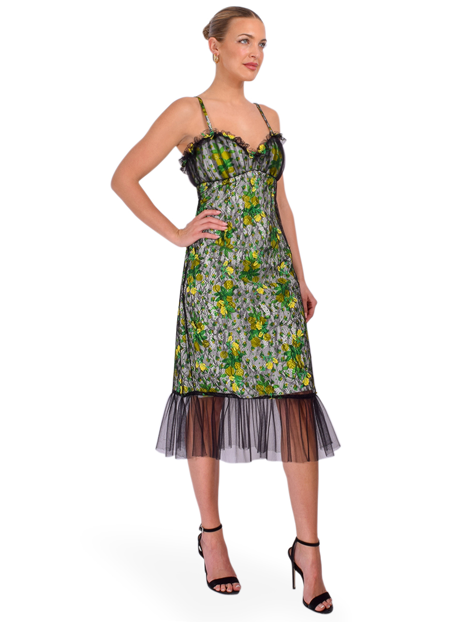 ANNA SUI Rosebuds Lace Combo Slip Dress in Black Multi Side View 
