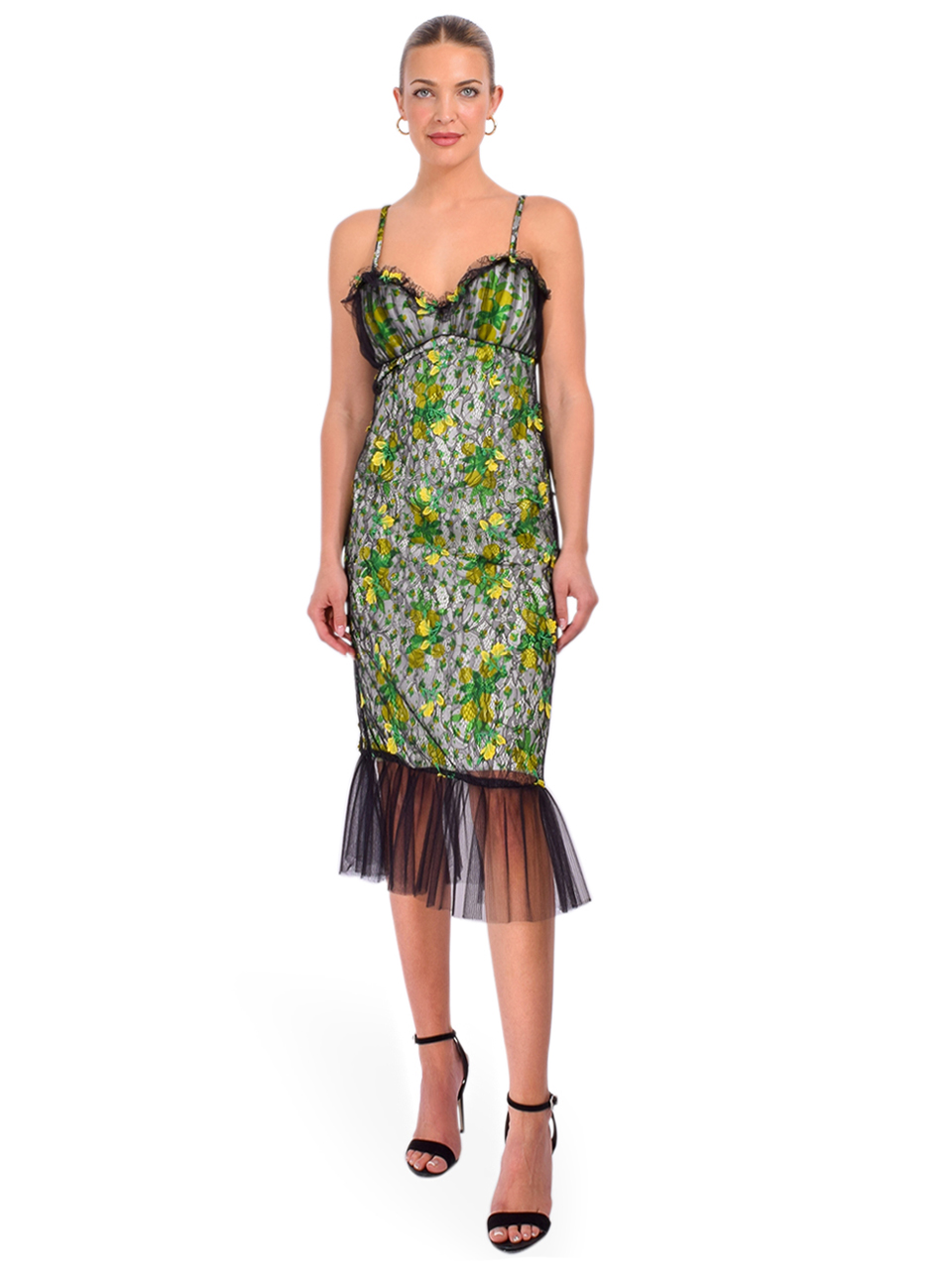ANNA SUI Rosebuds Lace Combo Slip Dress in Black Multi Front View 1