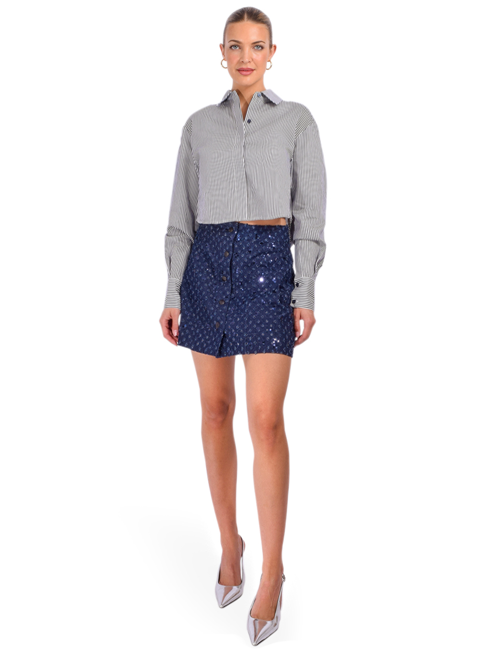 ANNA SUI Denim Sequin Mini Skirt in Blue Full Outfit 