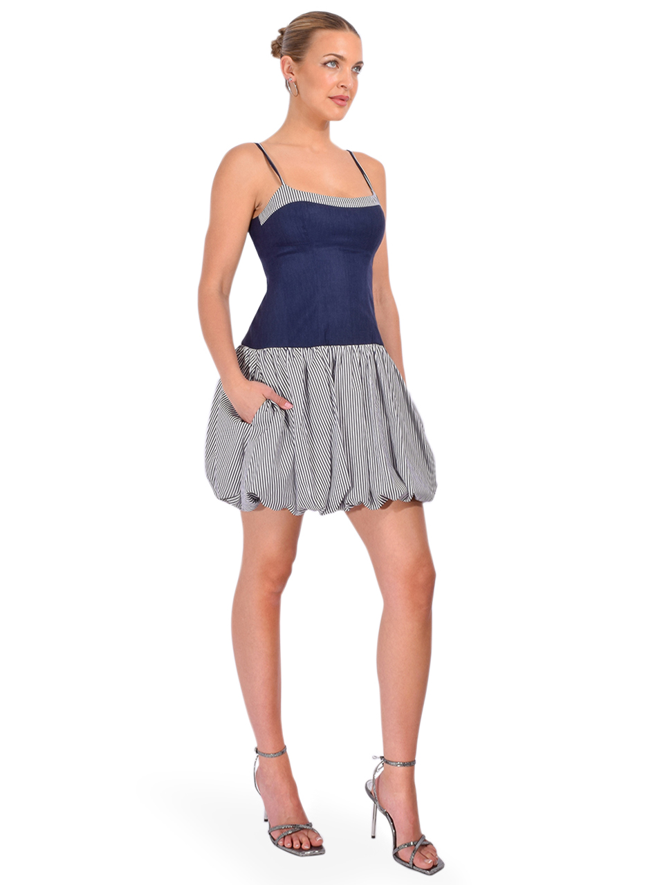 SIMKHAI Fifi Bubble Mini Dress in Midnight Stripe Side View 