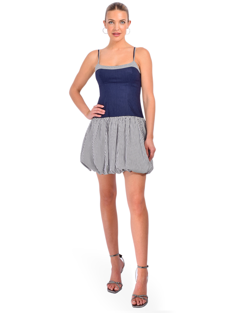 SIMKHAI Fifi Bubble Mini Dress in Midnight Stripe Front View 2