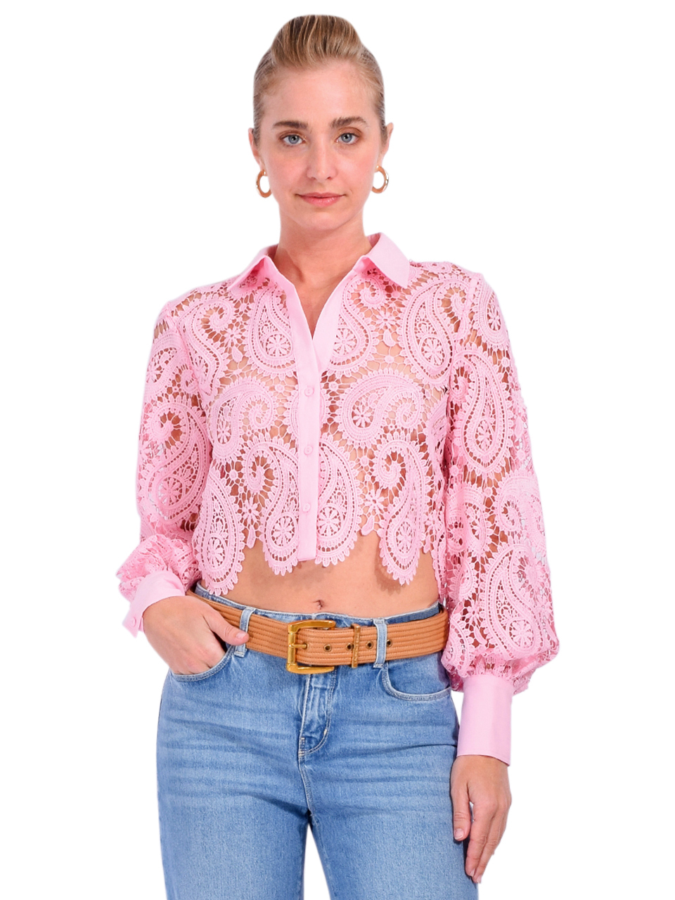 L'Agence Odelia Cropped Lace Blouse in Blush