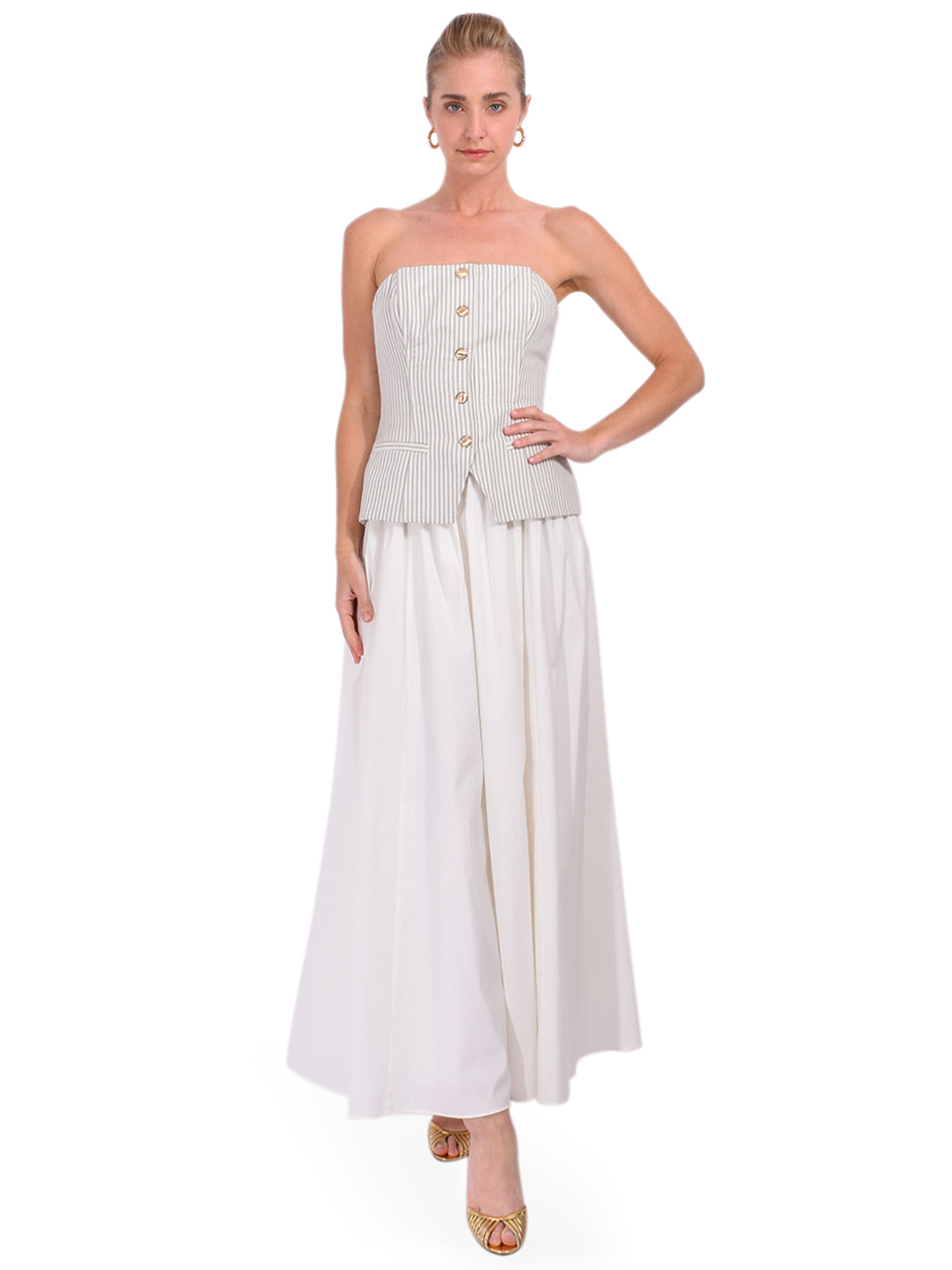 CAMI NYC Nineveh Strapless Maxi Dress in Double Stripe/ Macadamia Front View 2