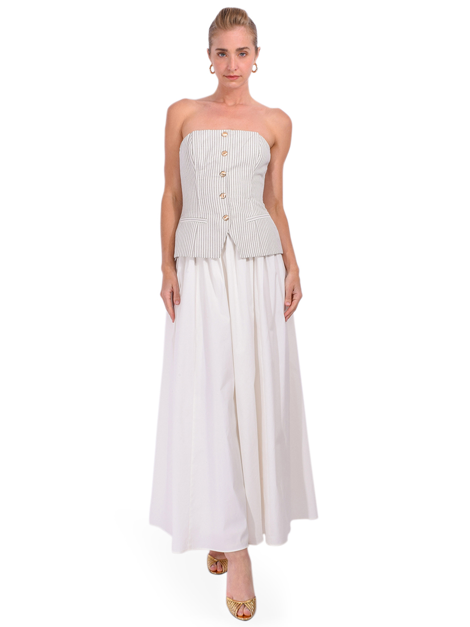 CAMI NYC Nineveh Strapless Maxi Dress in Double Stripe/ Macadamia Front View 1