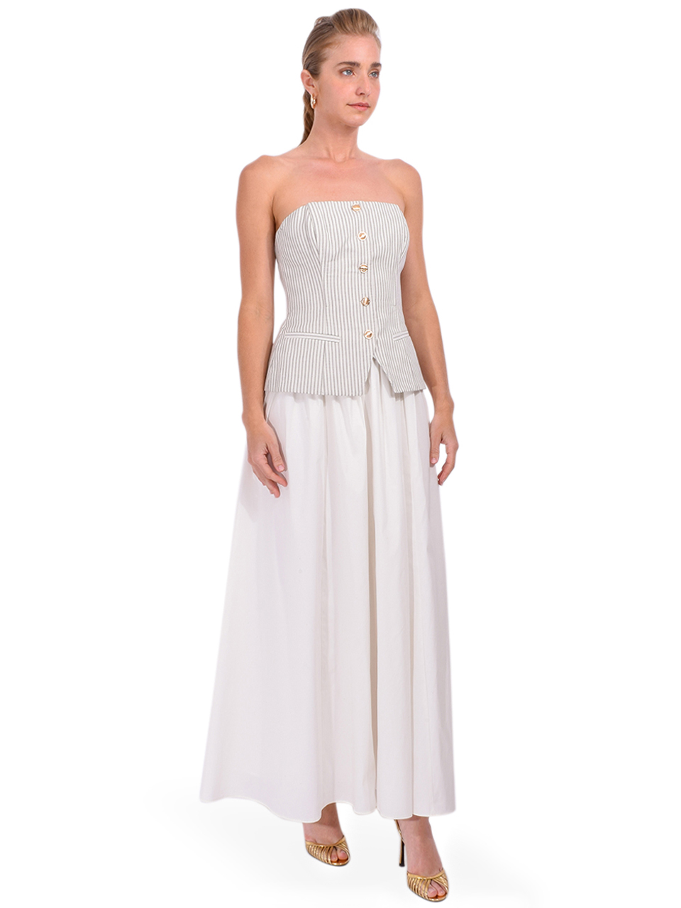 CAMI NYC Nineveh Strapless Maxi Dress in Double Stripe/ Macadamia Side View 