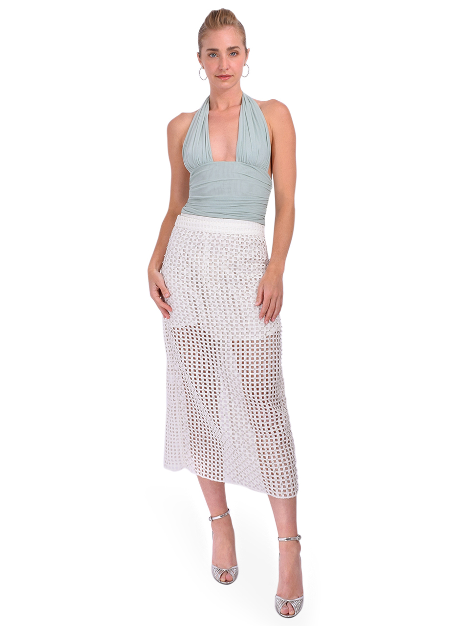 ESSENTIEL ANTWERP Mesh Skirt With Bead Embellishments in White Full Outfit 
