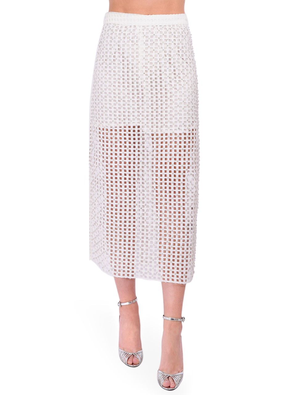 ESSENTIEL ANTWERP Mesh Skirt With Bead Embellishments in White Front View 